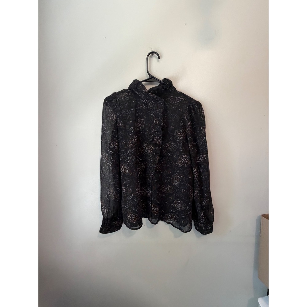 Banana Republic Womens Small Black Floral Paisley Ruffle High Neck Sheer Blouse